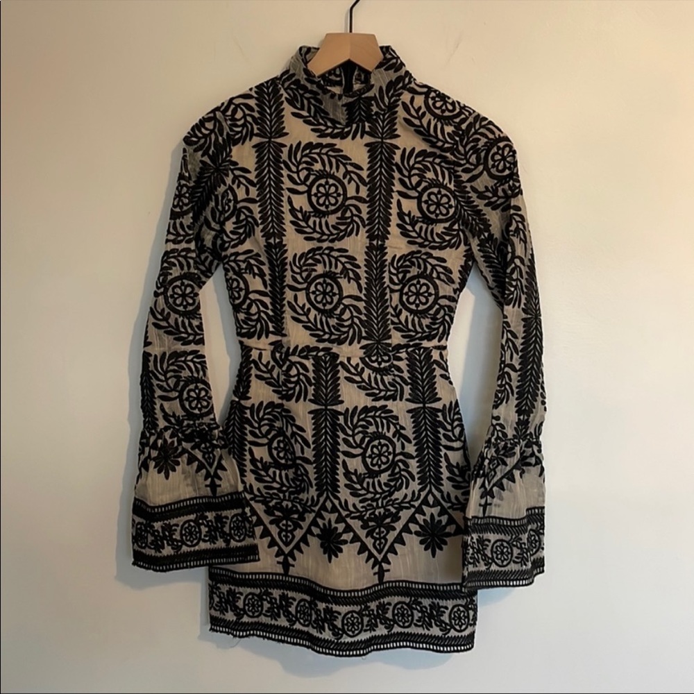 Missguided| Black Nude Cream Embroidered Mock Neck Mini Dress Size US 2